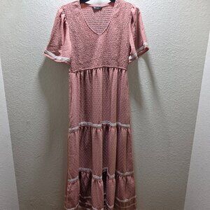 Pretty Garden Pink Short Sleeve Smocked Tiered Maxi Dress Size Medium